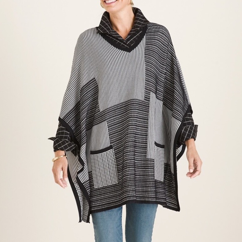 Chico's Geometric Knit Textured Poncho Sweater Neutral Gray Lagenlook S/M